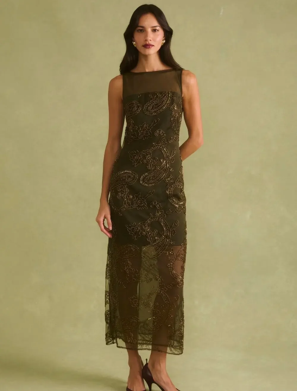 Sorella Atelier Ora beaded dress olive paisley $270 sz 4